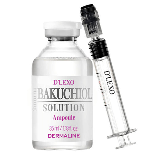 D'Lexo Bakuchiol Solution Ampoule and syringe on a white background