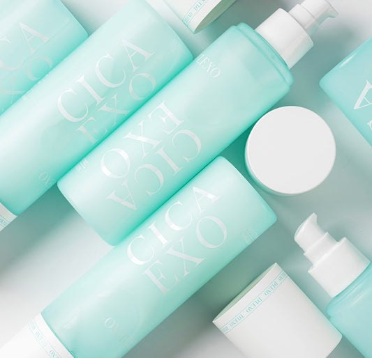 D'LEXO CICA EXO COMFORTING Toner. Collection of CICA EXO skincare products on a light background.
