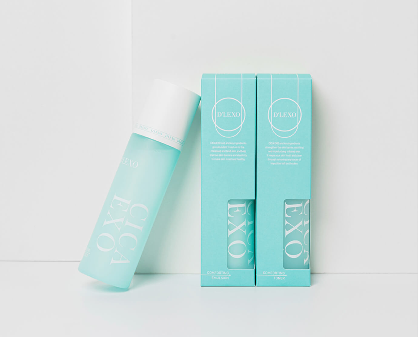 D'LEXO CICA EXO COMFORTING Toner. Turquoise bottle and packaging with 'EXO' branding on a light gray background