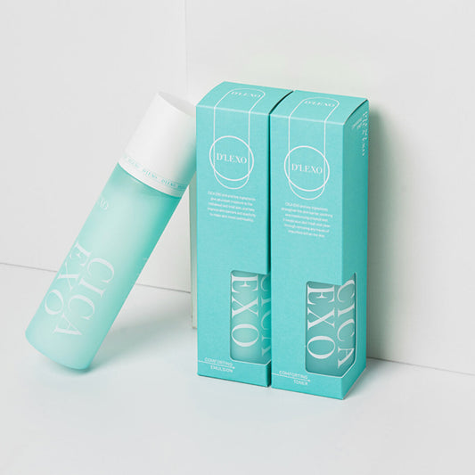 D'LEXO CICA EXO COMFORTING EMULSION.
Turquoise bottle and packaging with 'EXO' branding on a white background