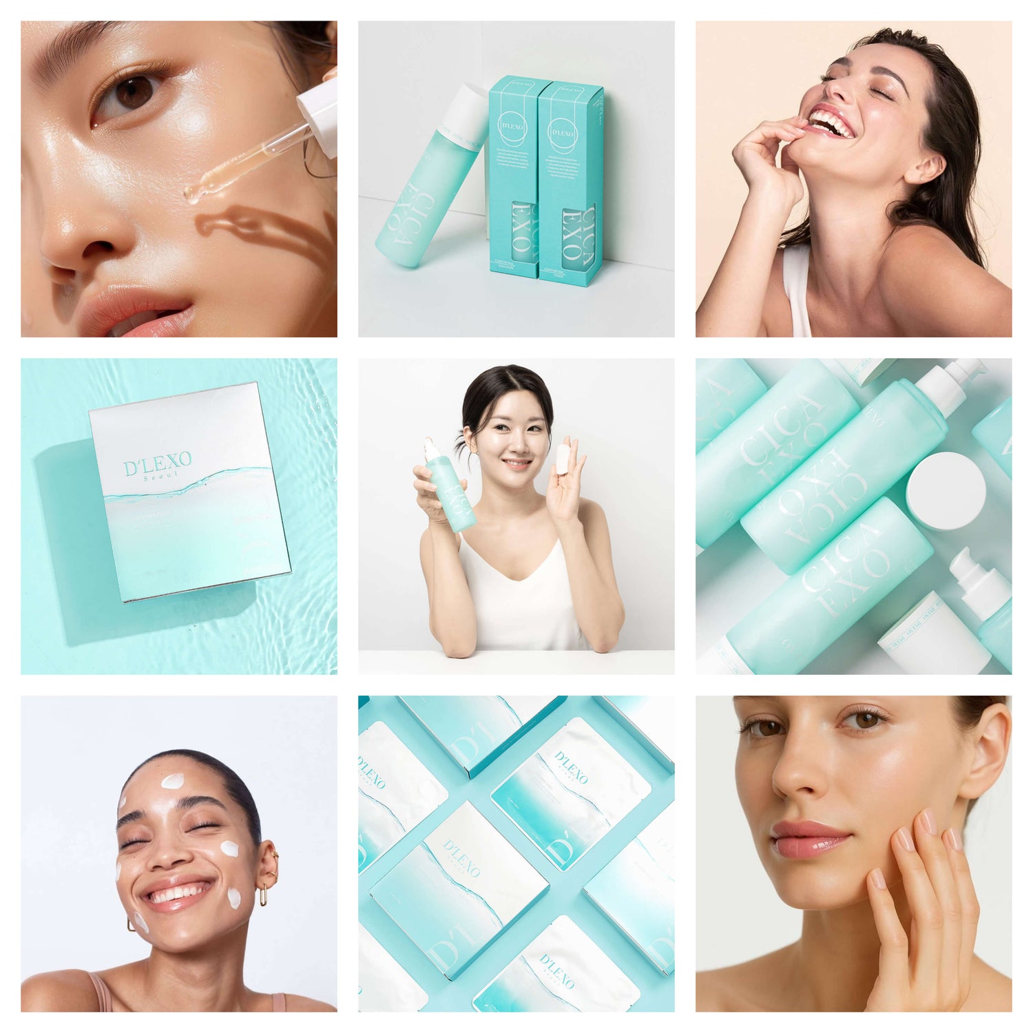 Collage of skincare products and users with a focus on a brand named 'BIOAQUA'.