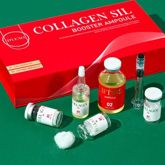 Collagen booster ampoule set with red box on a green background. D'LEXO from Dermaline.