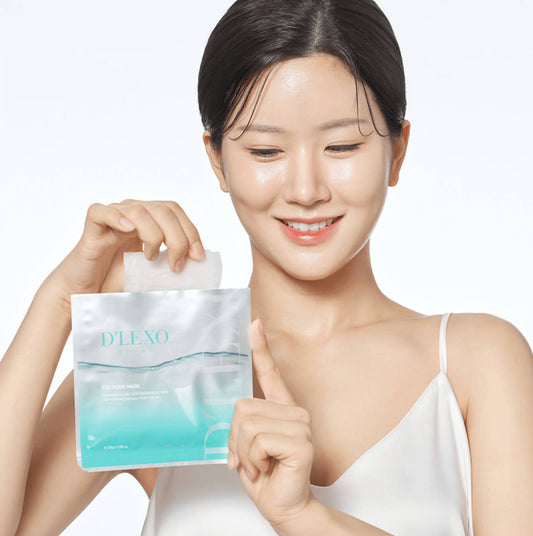 Woman holding a D'Lexo EXO PDRN MASK skincare product against a white background
