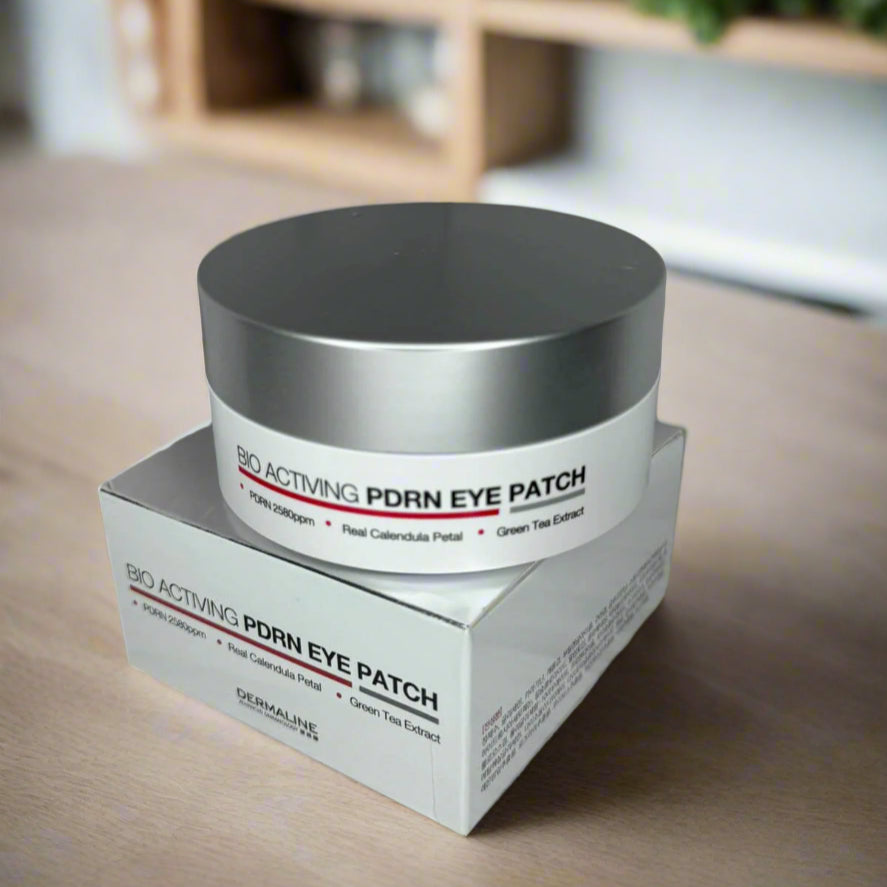 PDRN Eye Patch container and packaging on a marble surface