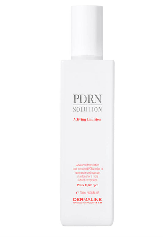 White bottle of PDRN Solution Activating Emulsion on a white background
