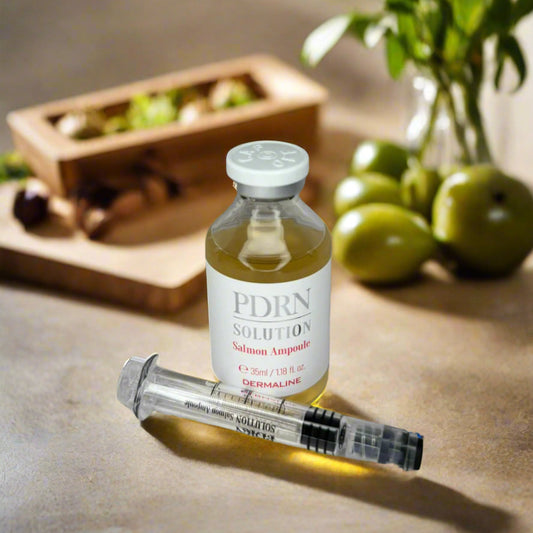 Vial labeled 'PDRN Solution' with a syringe on a marble surface