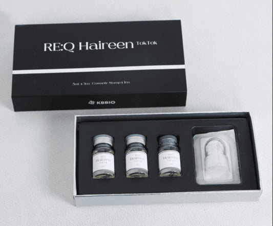 KBBIO RE:Q Haireen TokTok hair care product set with bottles and a brush in a box on a light gray background