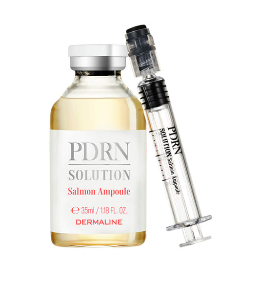 PDRN Solution Salmon Ampoule bottle and syringe on a white background